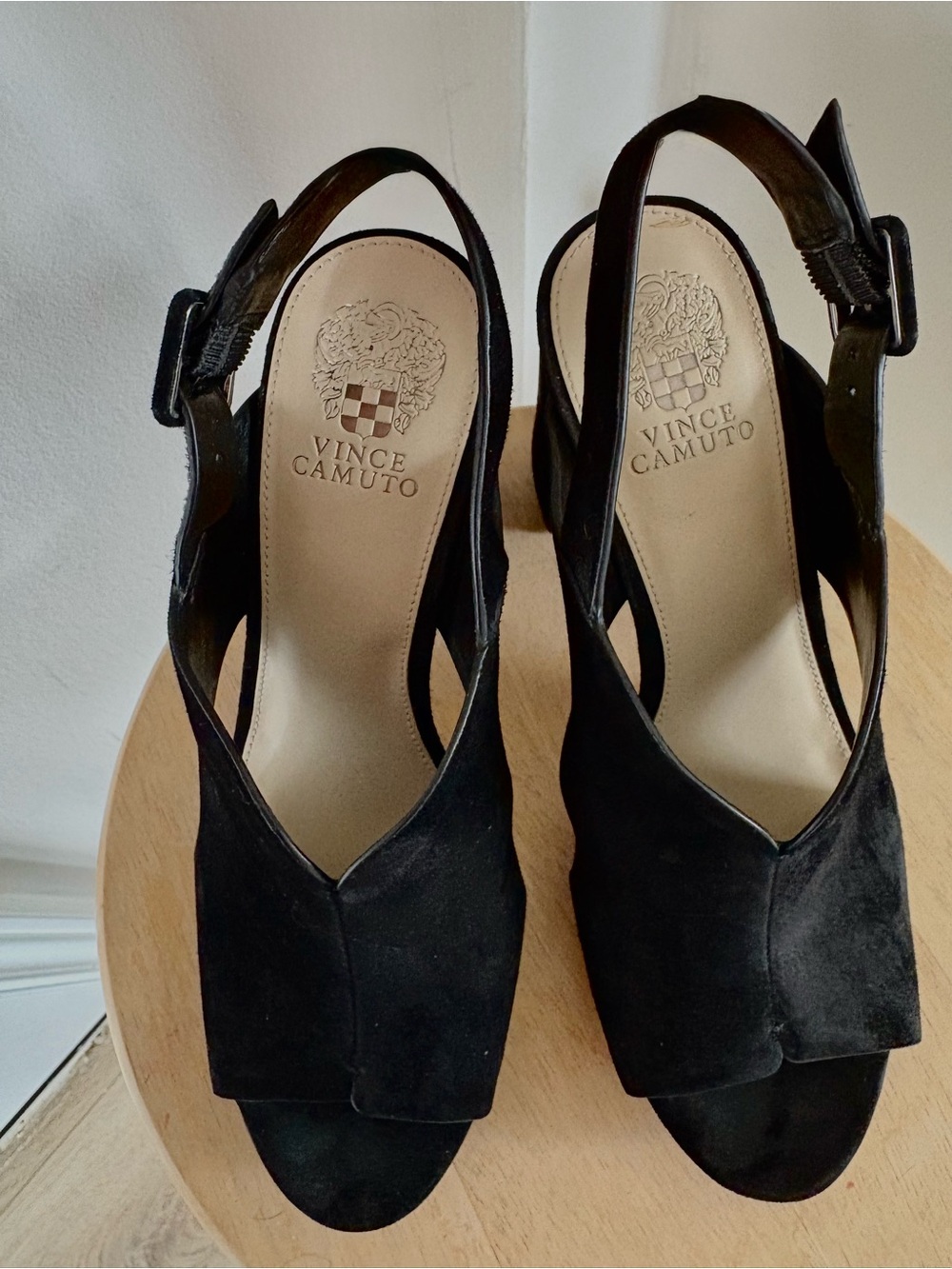 Vince Camuto Black Suede Peep-Toe Slingback Heels
